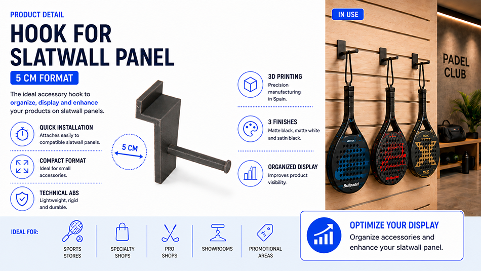 5 cm ABS slatwall hook with installation and padel racket display
